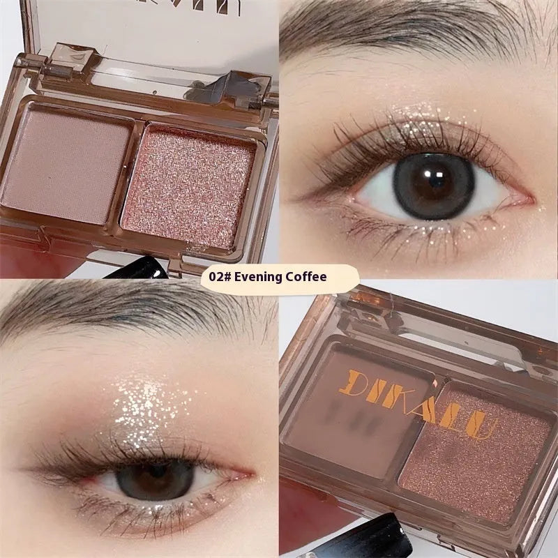 Cool two-tone eyeshadow palette showing pink and black matte and shimmer pressed powder in a single compact.