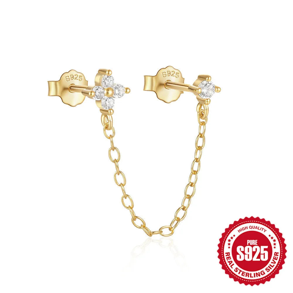 S925 sterling silver flower tassel chain ear studs with geometric shape and gold electroplated finish