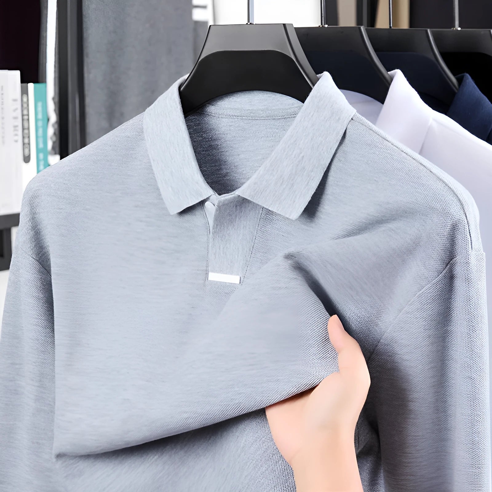 Men's asymmetric lapel cotton polo shirt in loose fit long sleeve available in four colours