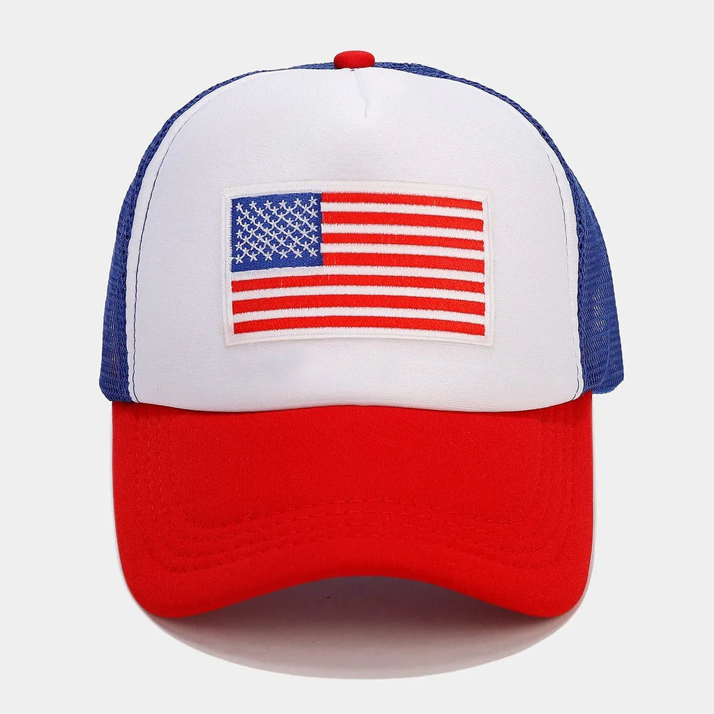 Red and blue contrasting mesh baseball cap with adjustable strap on a dome crown.