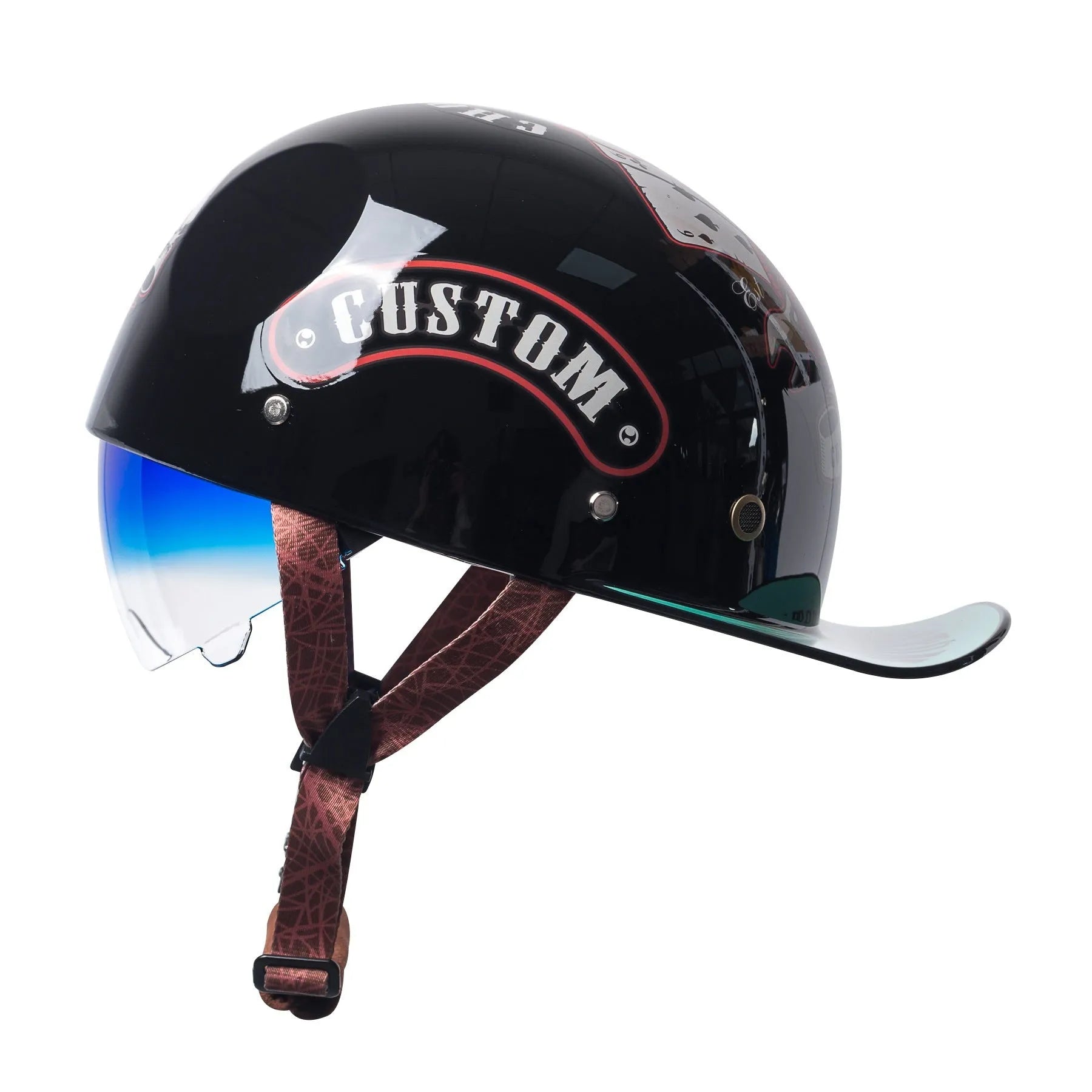 Men's retro half helmet for electric bikes in bright black with a gradient blue lens.