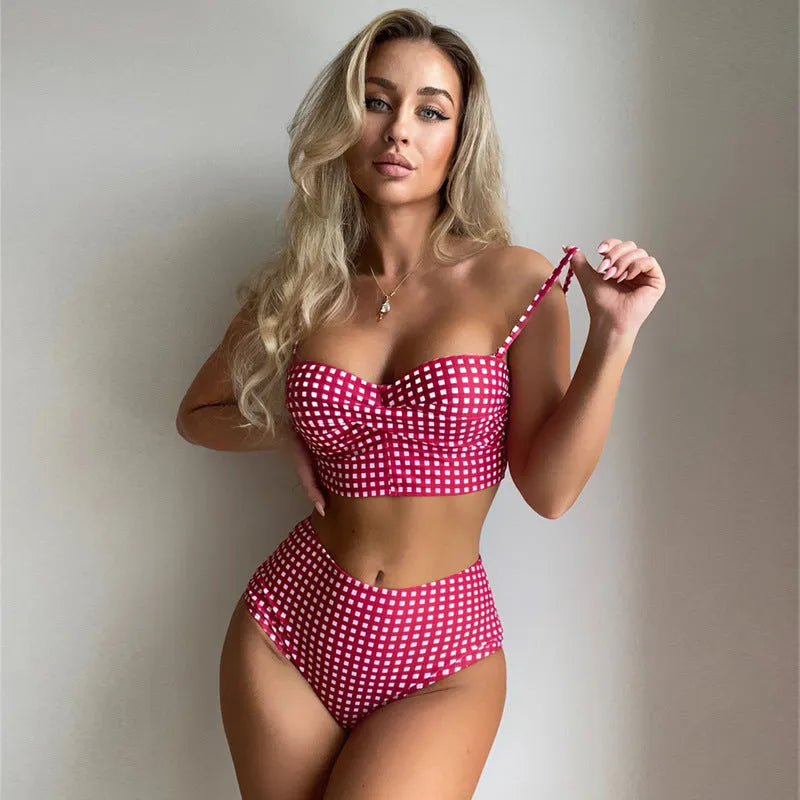 Women's plaid high-waisted bikini swimsuit set in rose red, with polyester lining.