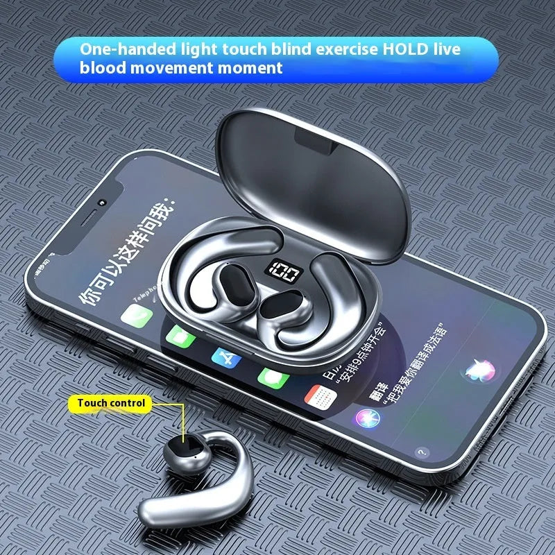 Ear-mounted Bluetooth wireless headset with digital display screen in black colour