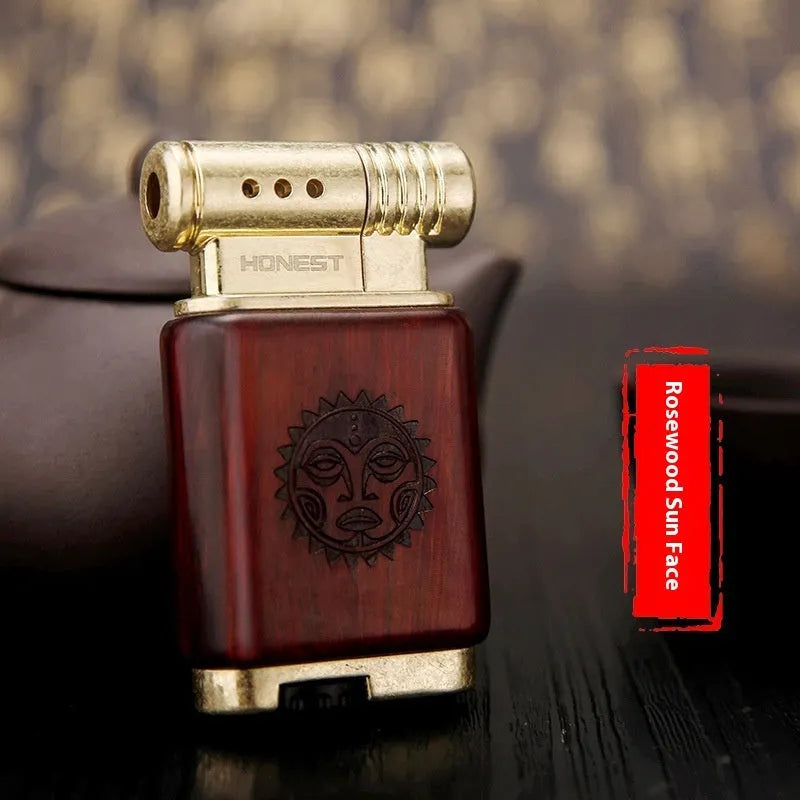 Black wood ebony gas lighter with rosewood sun face decorative panel