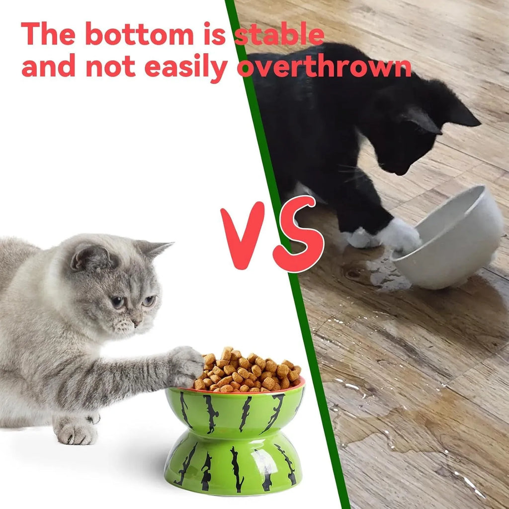 Ceramic raised cat bowl with tilted design and slip-resistant base for food and water feeding