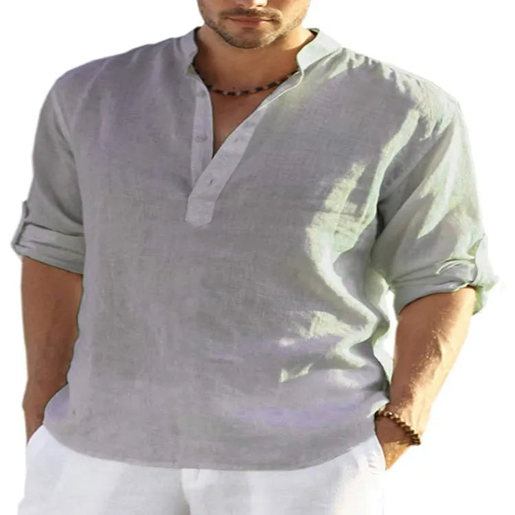 Men's light blue cotton linen casual shirt with a stand collar and button-down front.