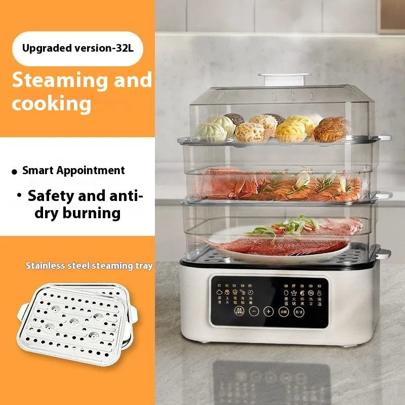 Stainless steel household electric steamer appliance with visible steaming rack and control panel.