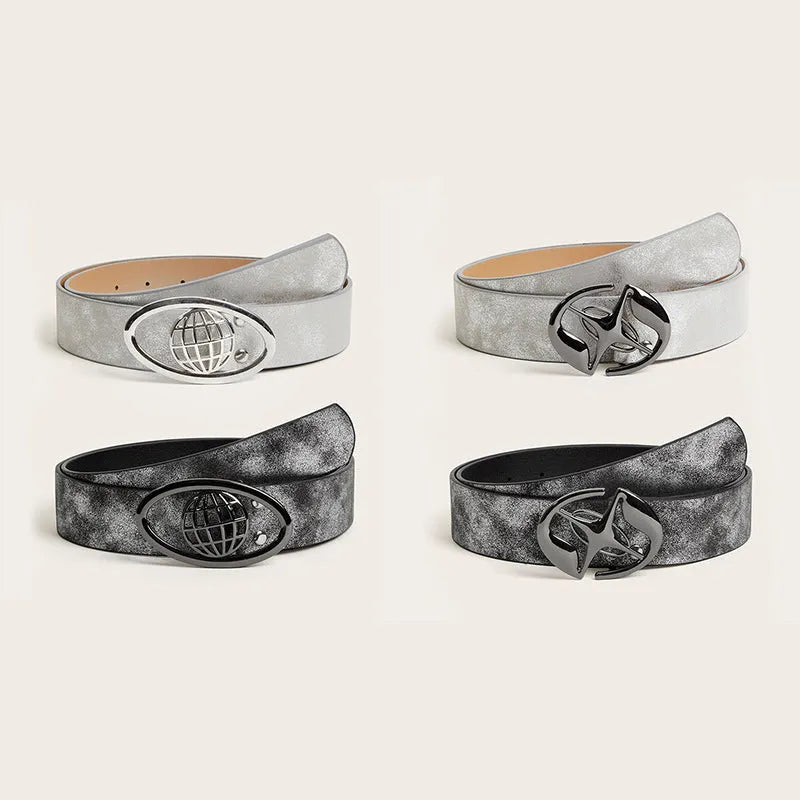 Women's vintage oval buckle belt in grey PU leather with thick width and alloy fastening