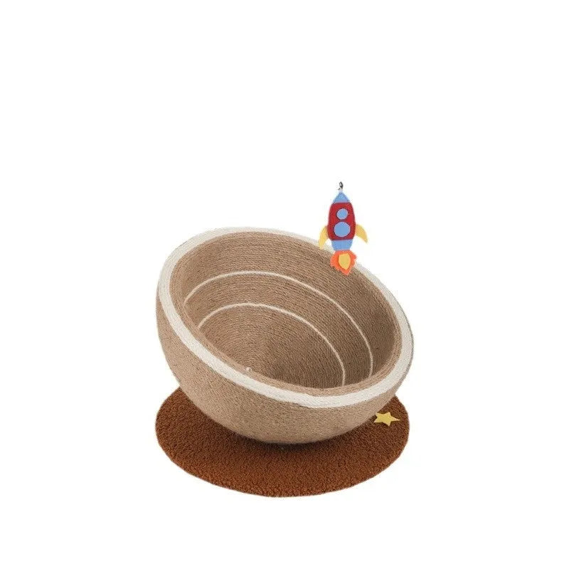 Large integrated cat scratching post and bed unit with sisal rope scratching surfaces and flannel-lined sleeping basin