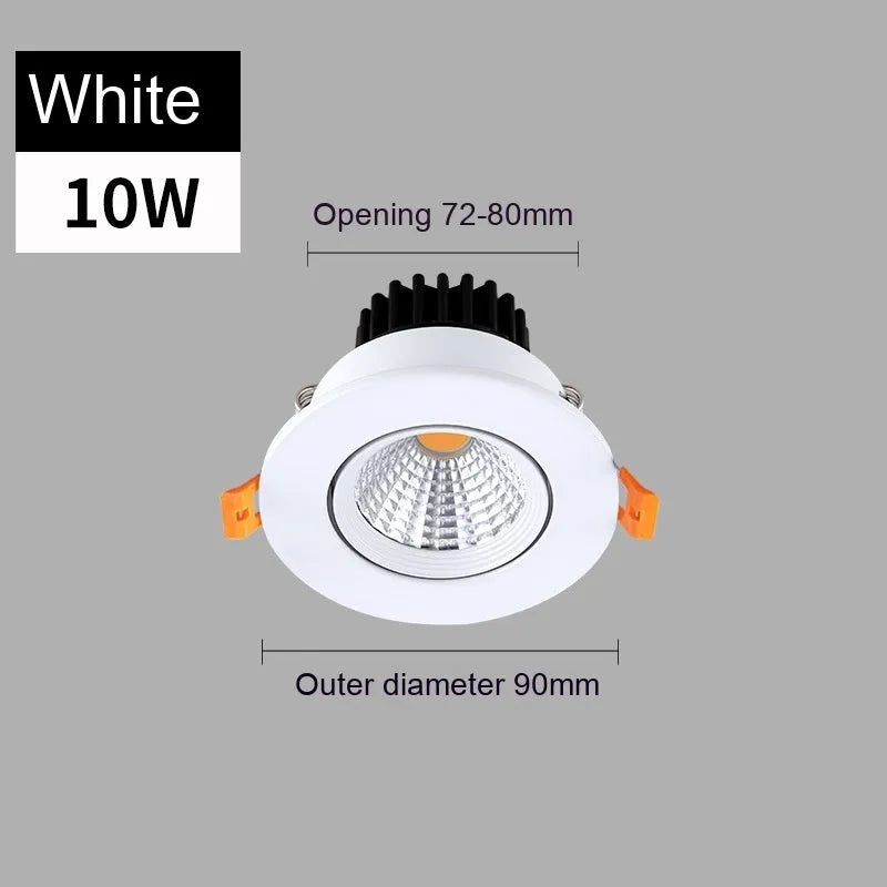Modern white aluminium recessed LED ceiling spotlight with anti-glare design for embedded installation.