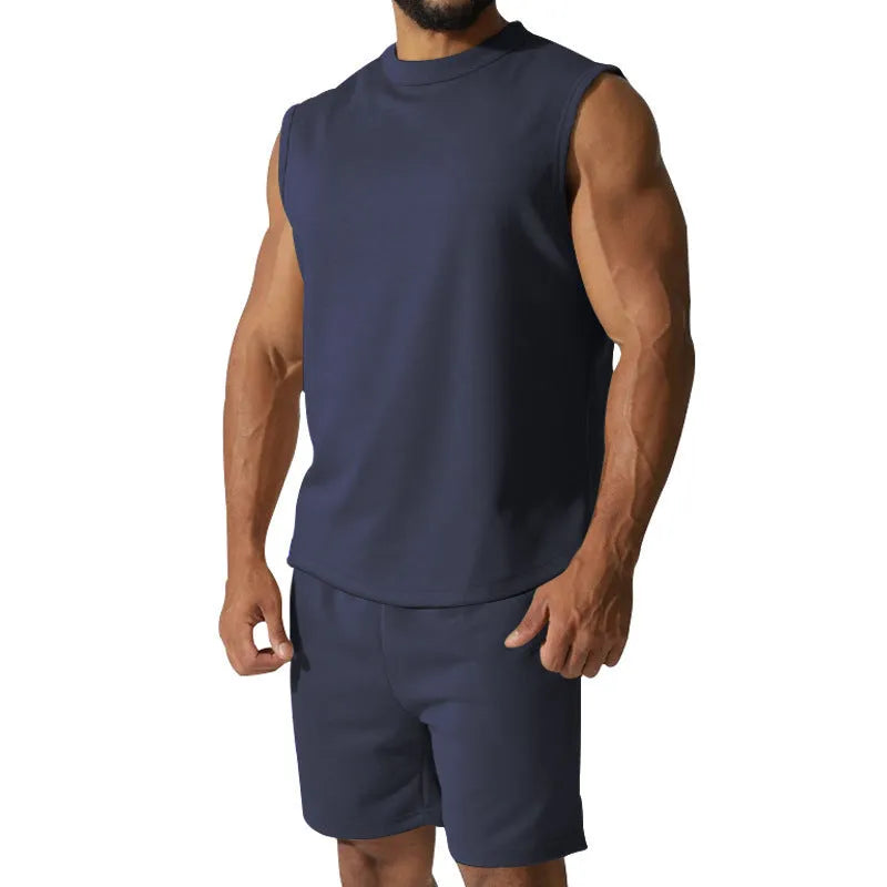 Men's sleeveless sports suit set in cotton blend fabric with matching shorts
