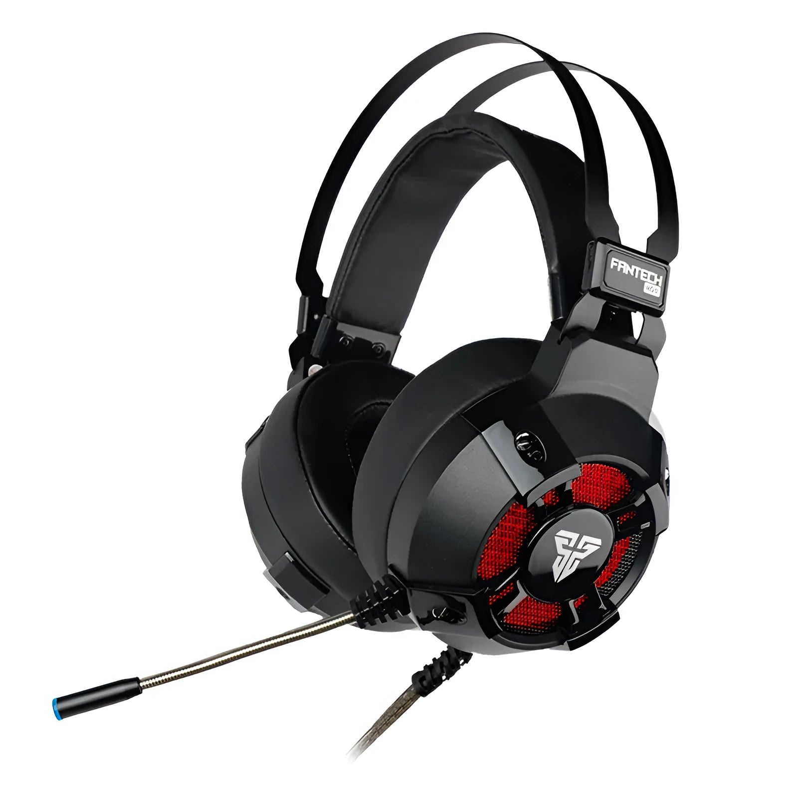 Black FANTECH HG11 USB gaming headset with RGB lights on the earcups and a 2.1m cable with inline remote.