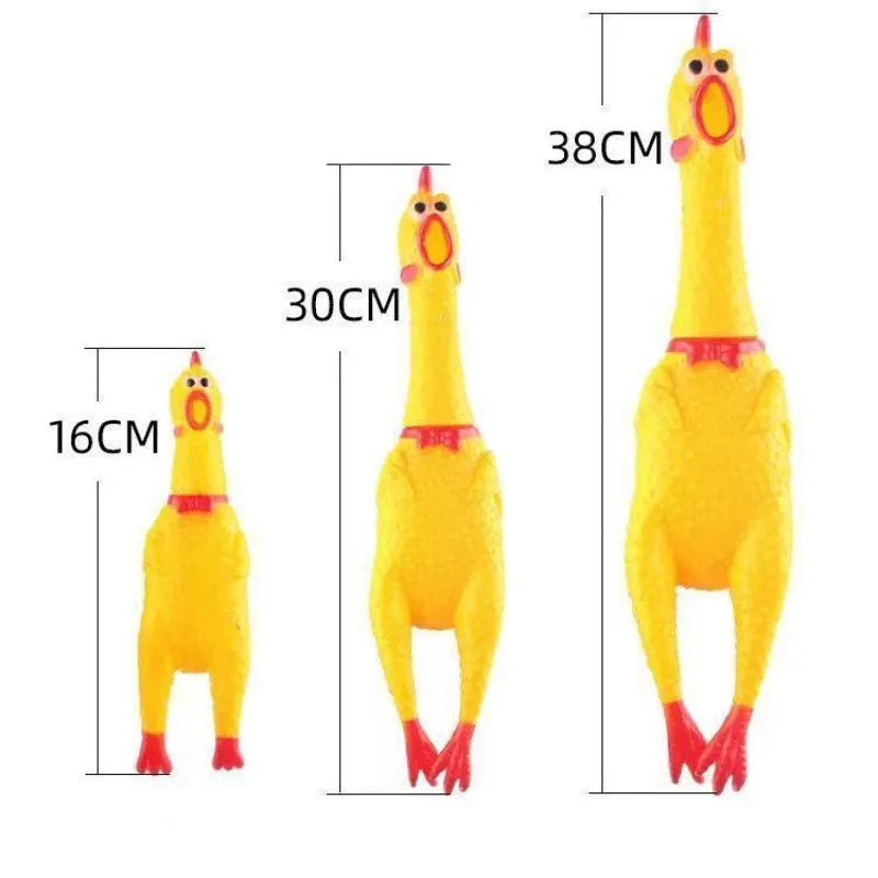 Yellow rubber screaming chicken dog squeaky toy shown in three sizes