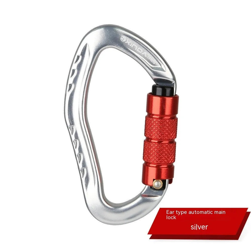 Automatic lock climbing carabiner in black, blue, orange, red, and silver colours for outdoor equipment