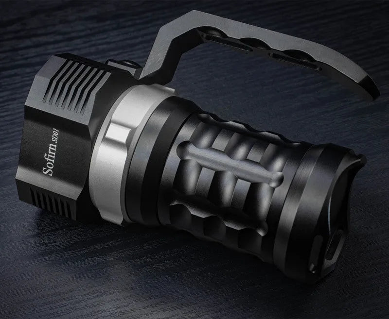 Aluminium alloy diving tube flashlight shown with scale, highlighting its 18cm length and robust construction.