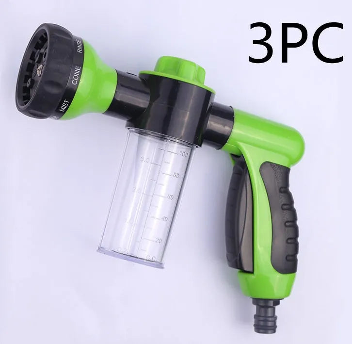 Green high-pressure foam spray water gun with adjustable nozzle for car and garden cleaning.