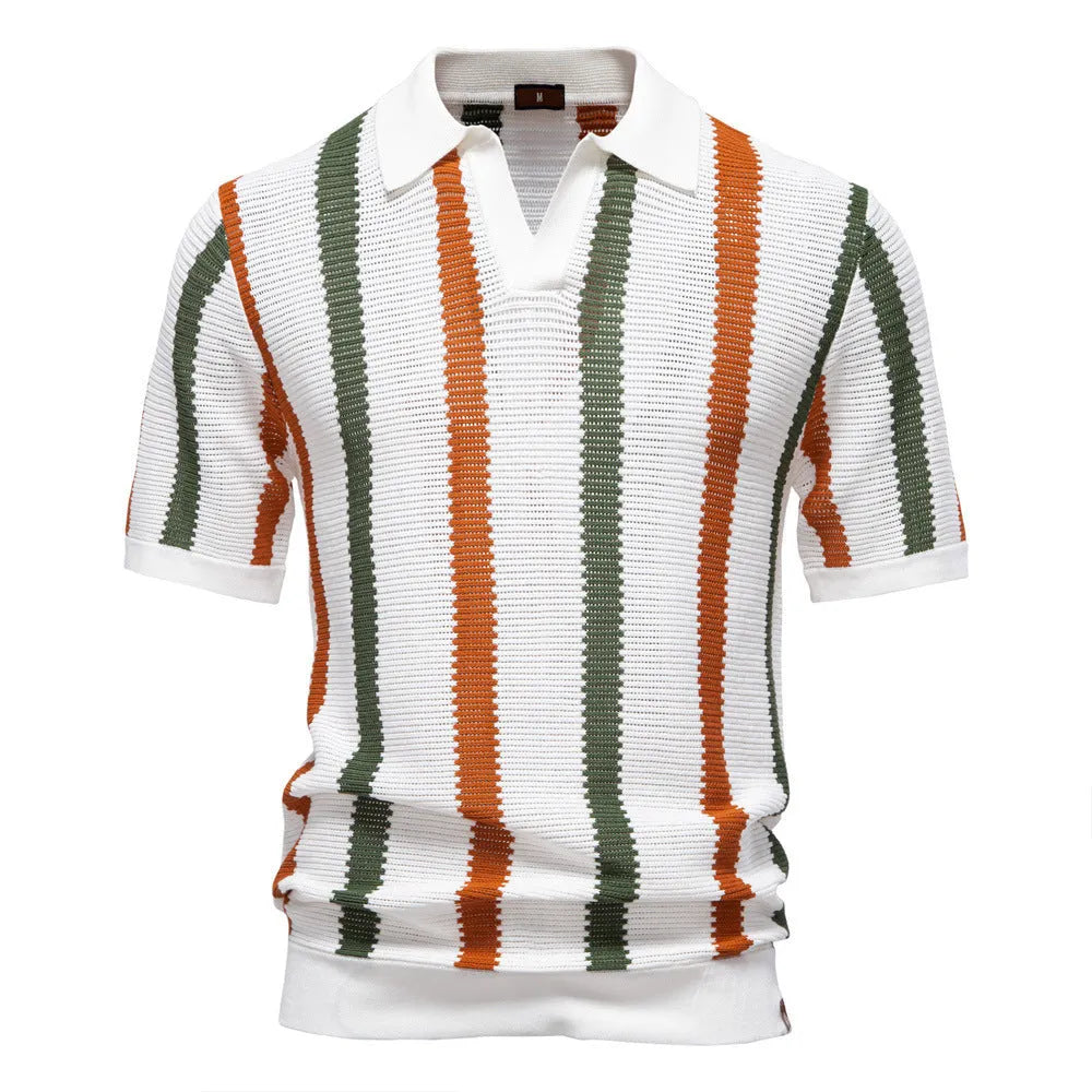 Men's striped short-sleeved polo shirt in breathable hollow knit fabric, shown in light blue colour with mosaic detail.