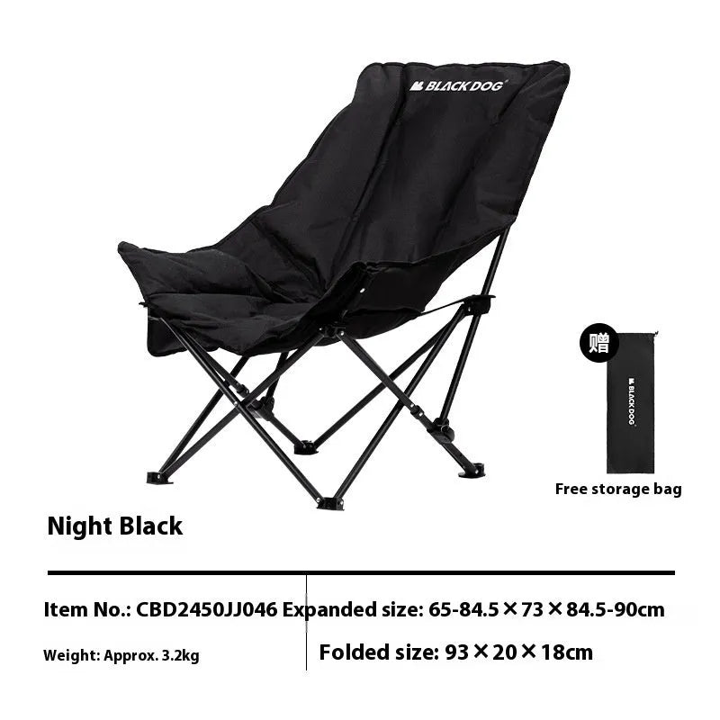 Night Black portable folding moon chair for outdoor camping and beach use.