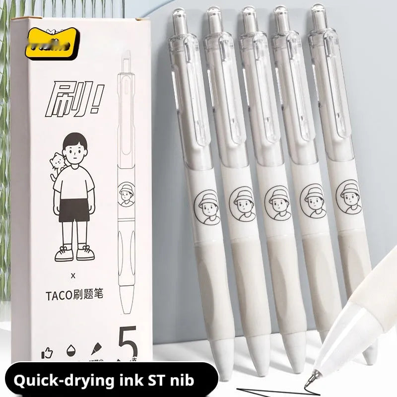 Five black ballpoint pens with 0.5mm tips for quick-drying writing