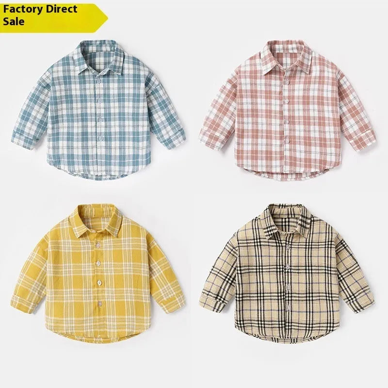 Boy's cotton lattice shirt with animal cartoon pattern in khaki, blue, pink, or yellow