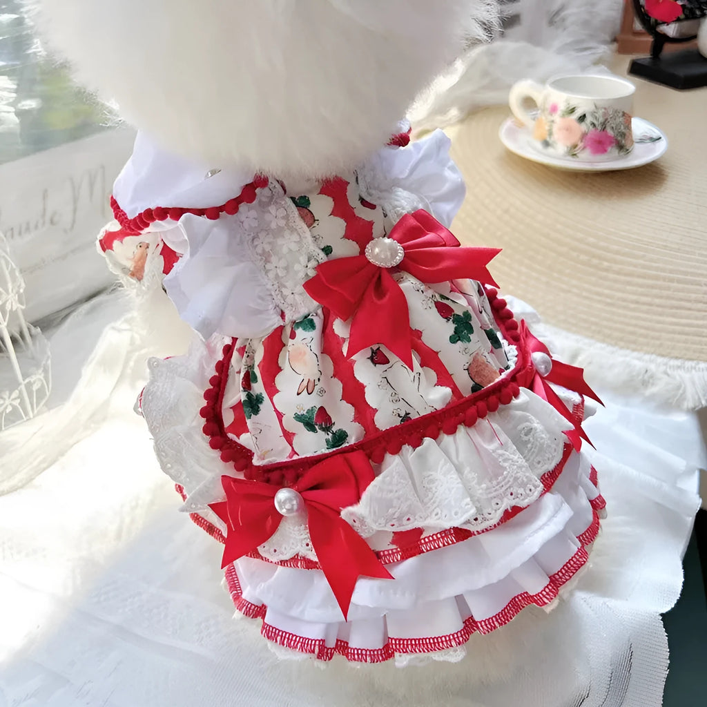 Rabbit skirt princess style dog costume made from polyester fabric on a small dog.