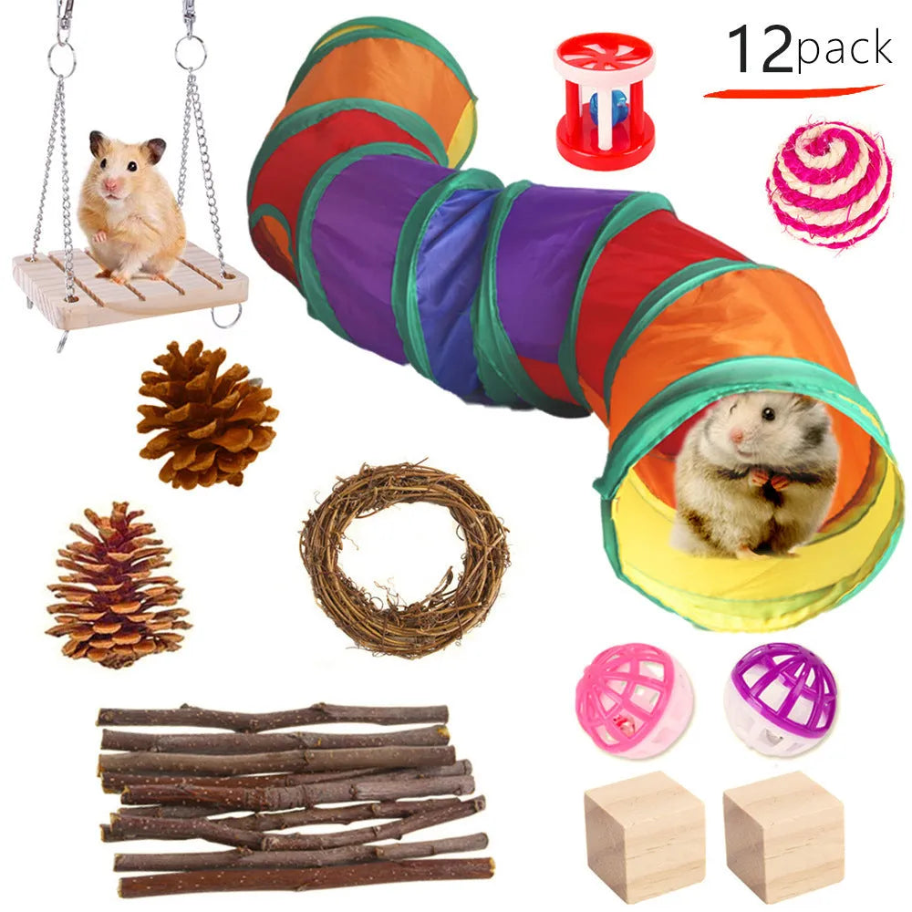 Wooden pet toy set with chewable pieces for rabbits, guinea pigs and parrots