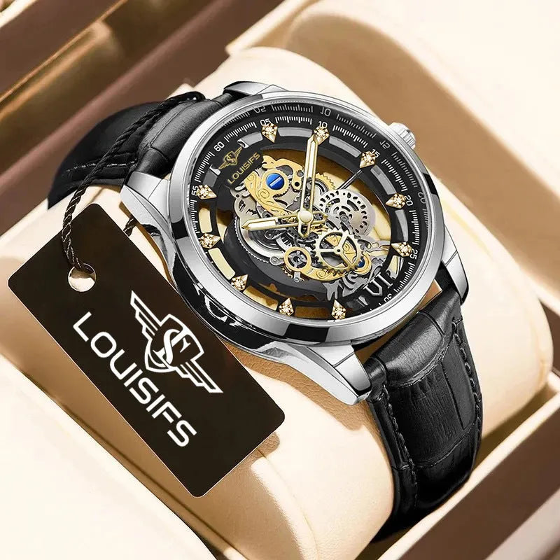 Men's Swiss quartz watch with gold or silver shell and brown or black strap.