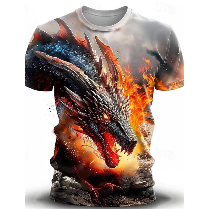 Men's grey casual T-shirt featuring a large 3D wind dragon print across the chest, with short sleeves.