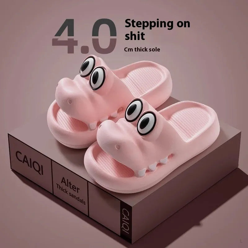 Pink and green animal print EVA platform sandals for adult and child, shown together.