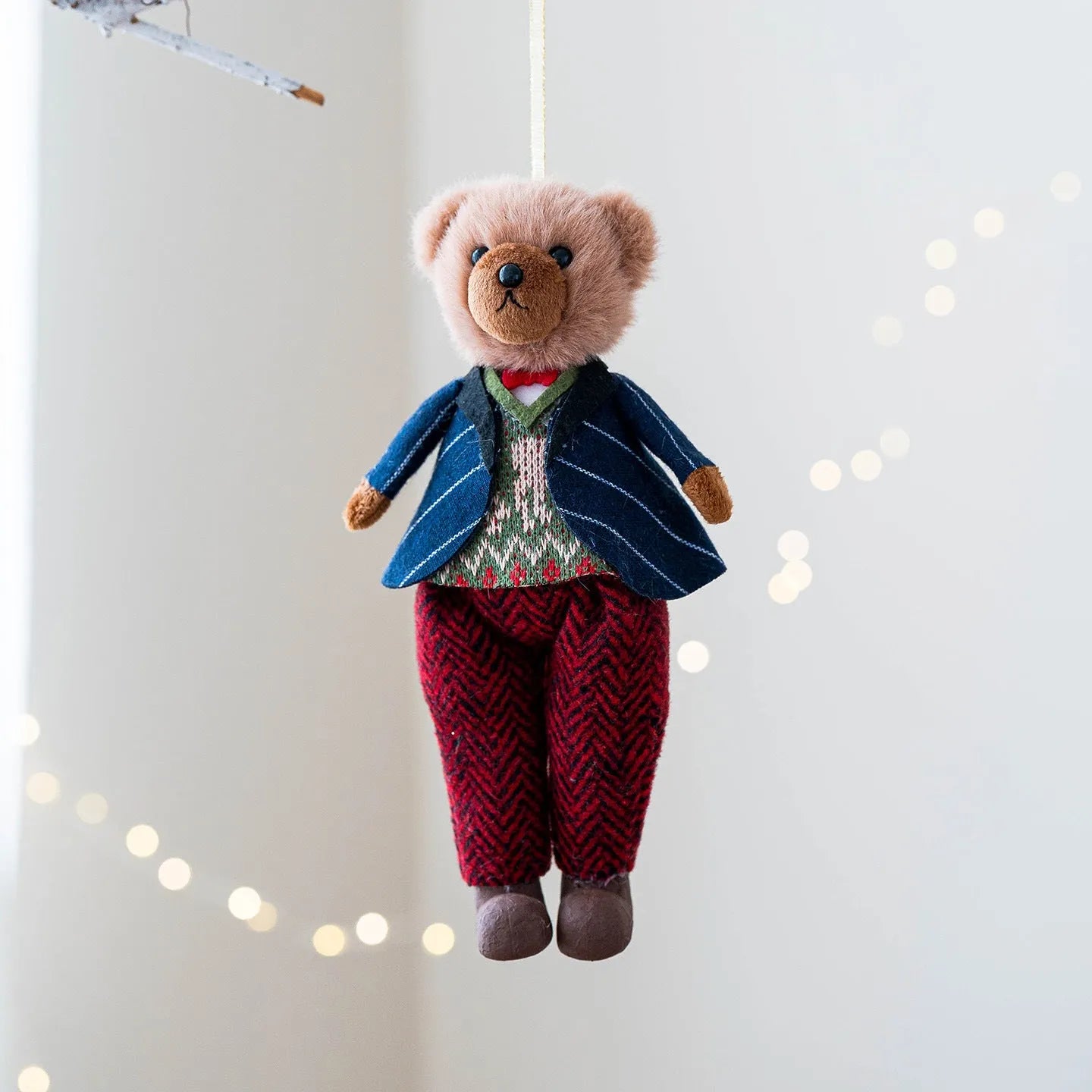 Plush bear doll wearing a cotton suit with a plaid body pattern in Princess or Gentleman style