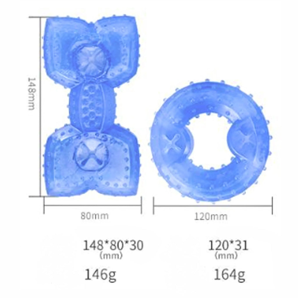 Freezable dog chew toy in bones shape with hollow centre for treats, shown next to a circles-shaped version.