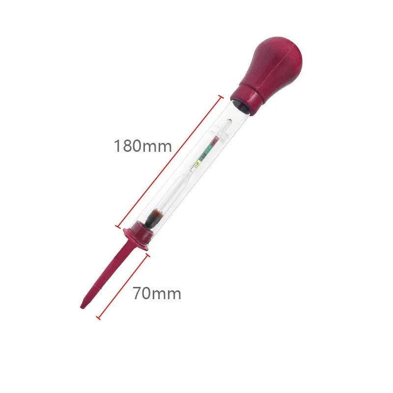 Electrohydraulic battery hydrometer with glass construction and suction mechanism for electrolyte testing