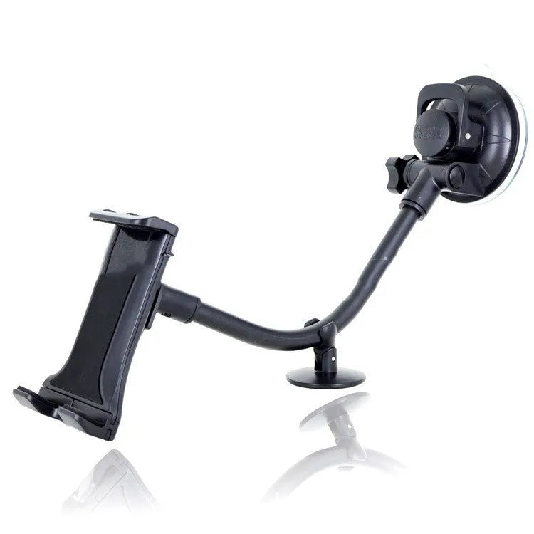 Black vehicle tablet holder with adjustable lifting bracket and suction cup mount for 4-12 inch devices