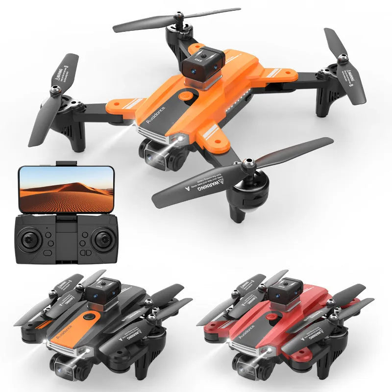 Orange and black quadcopter drone with dual cameras and propeller guards, shown on a white background