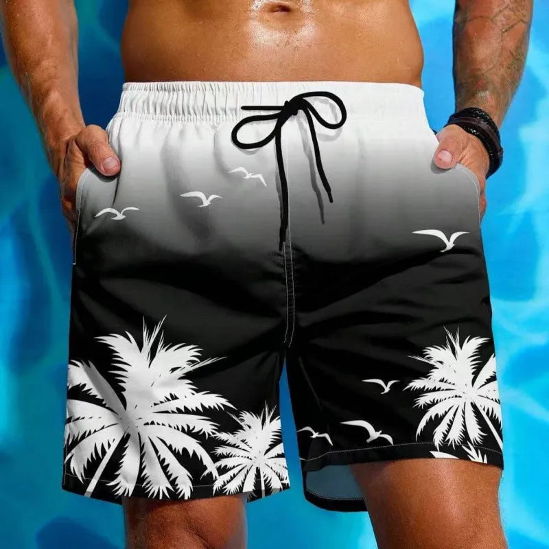 Men's loose board shorts in ethnic pattern with medium elastic waistband