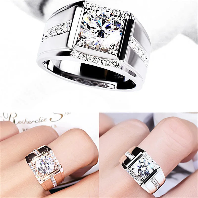 Men's geometric diamond zircon ring with adjustable opening in rose gold, gold, and platinum colour options