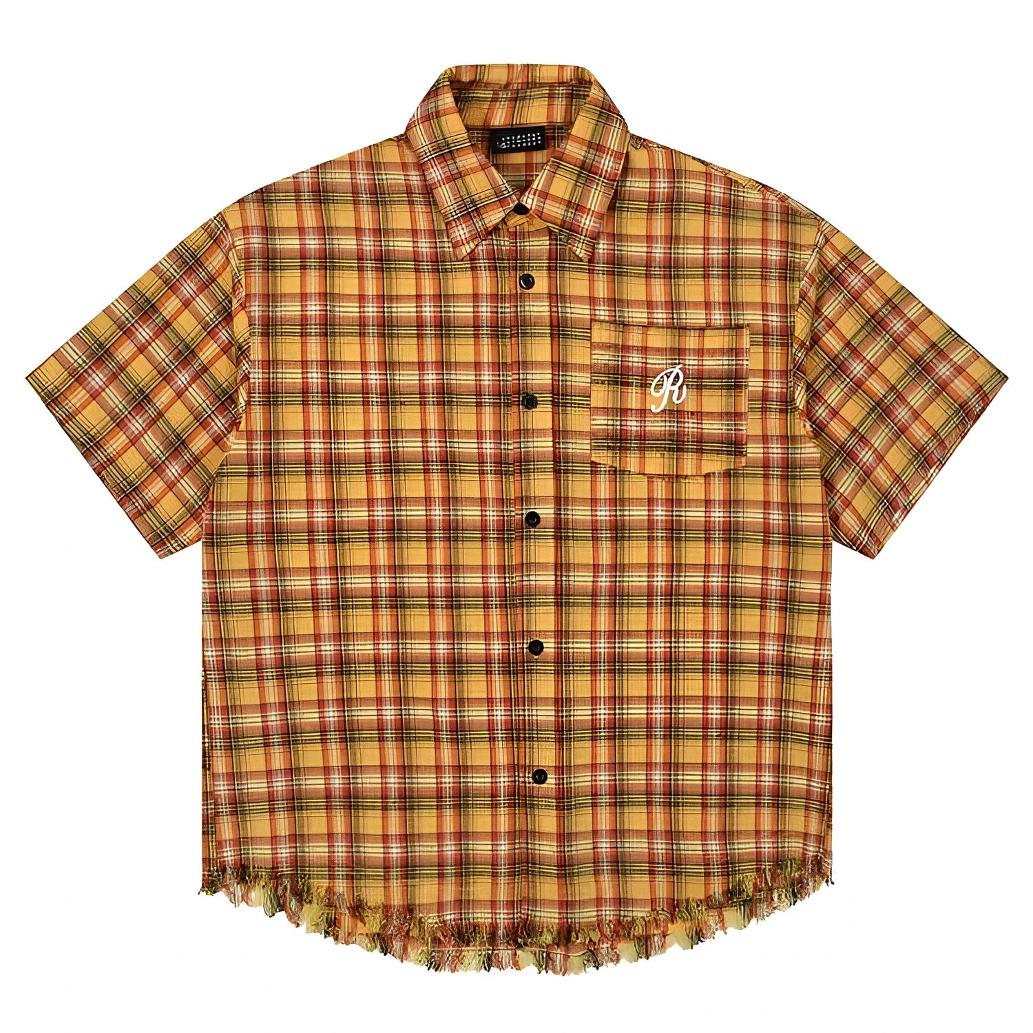 Yellow grid plaid short sleeve shirt with an embroidered chest pocket, shown in a loose unisex fit.