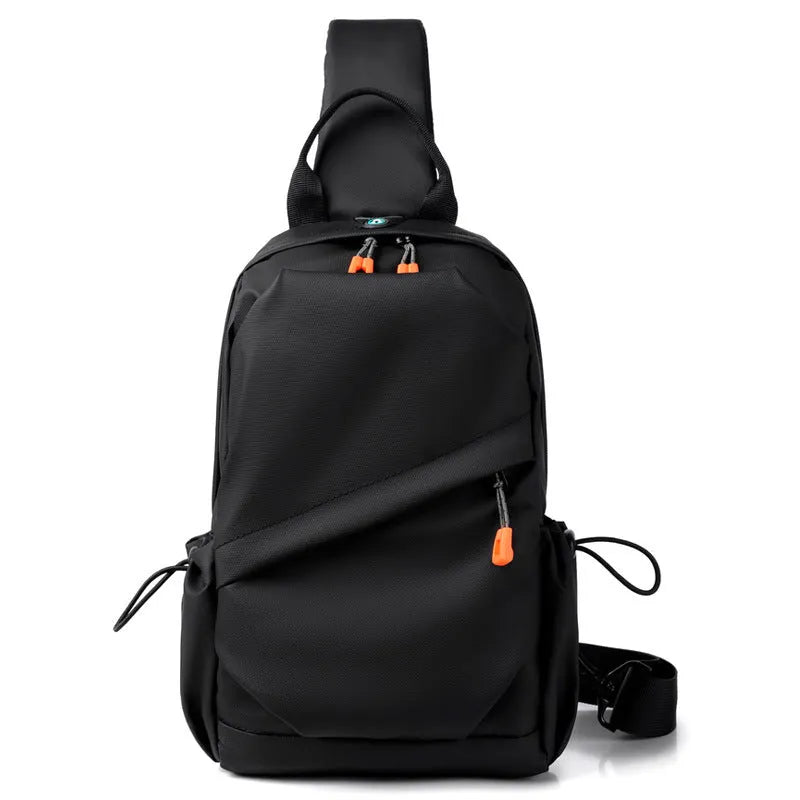 Men's black casual crossbody bag with a single shoulder strap made from polyester.