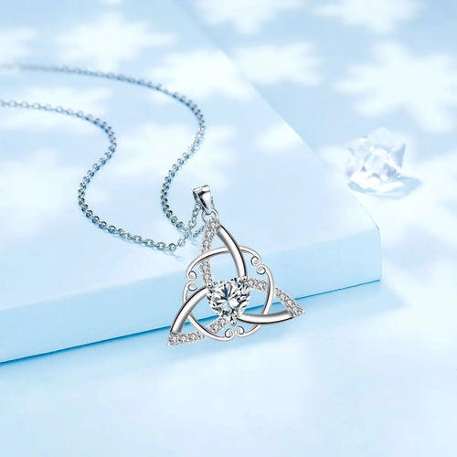 Geometric Celtic knot pendant necklace for women in electroplated copper, showing colour options.