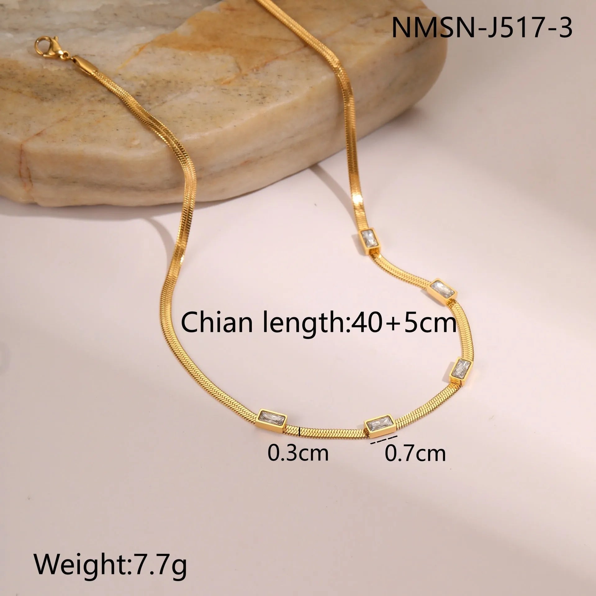 Geometric square zircon necklace on flat snake chain with gold or steel colour electroplated finish