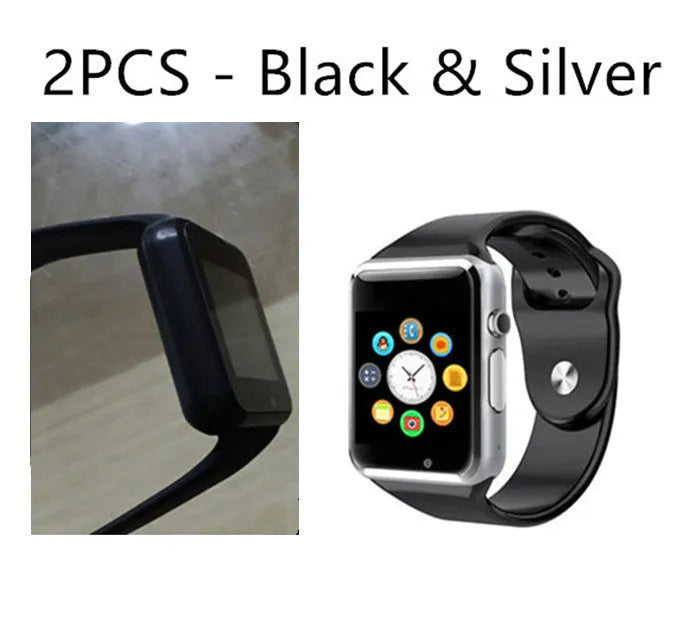 A1 Android smart watch with 1.54-inch screen, shown in available colours: black, silver, white, gold, pink, red, green, blue.