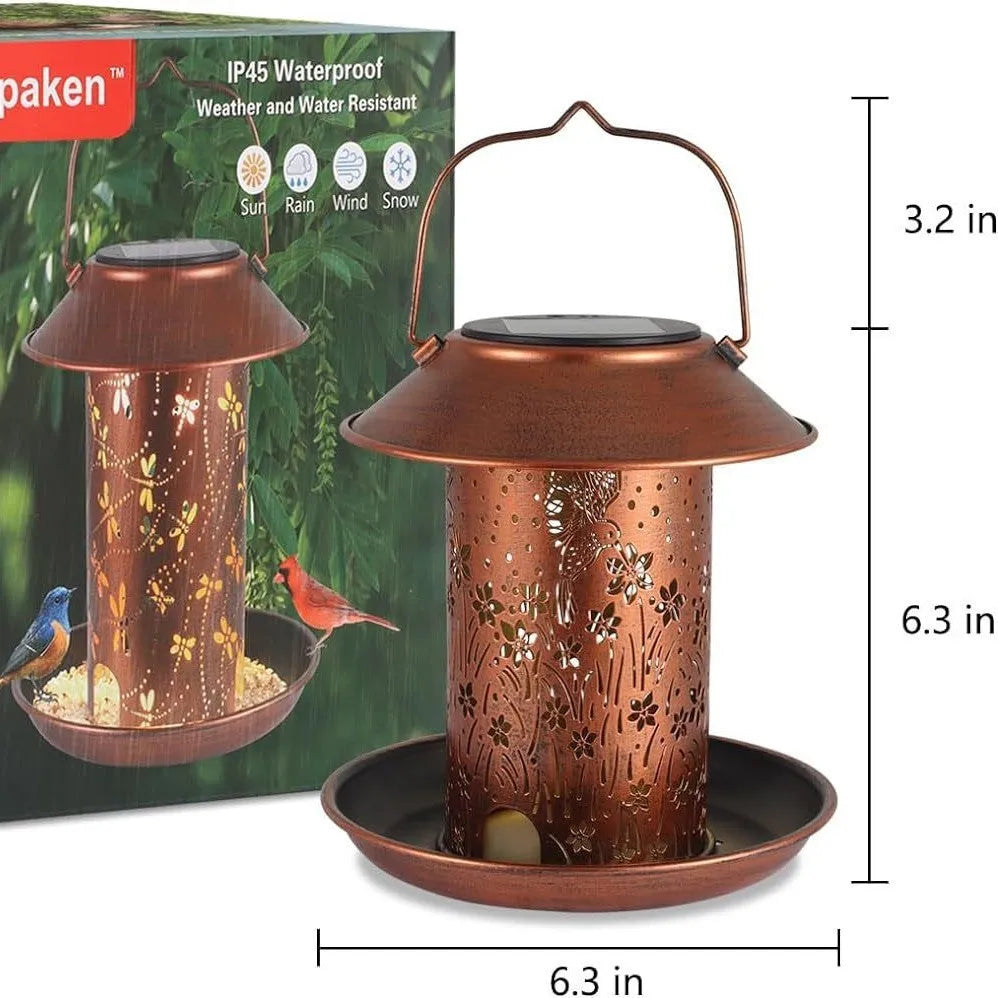 Solar-powered hummingbird pattern iron art bird feeder with integrated LED lights