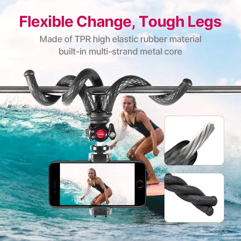 Black octopus tripod with mobile phone clip extended to 360mm length on a table