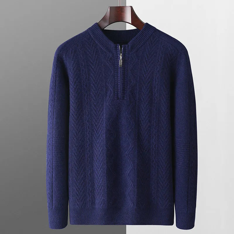 Men's diamond lattice pattern half-zip wool sweater in light camel colour showing front view