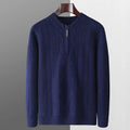 Men's diamond lattice pattern half-zip wool sweater in light camel colour showing front view