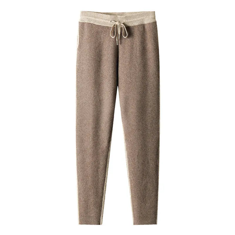 Men's camel coloured cashmere blend knitted cardigan suit with half turtleneck and matching trousers