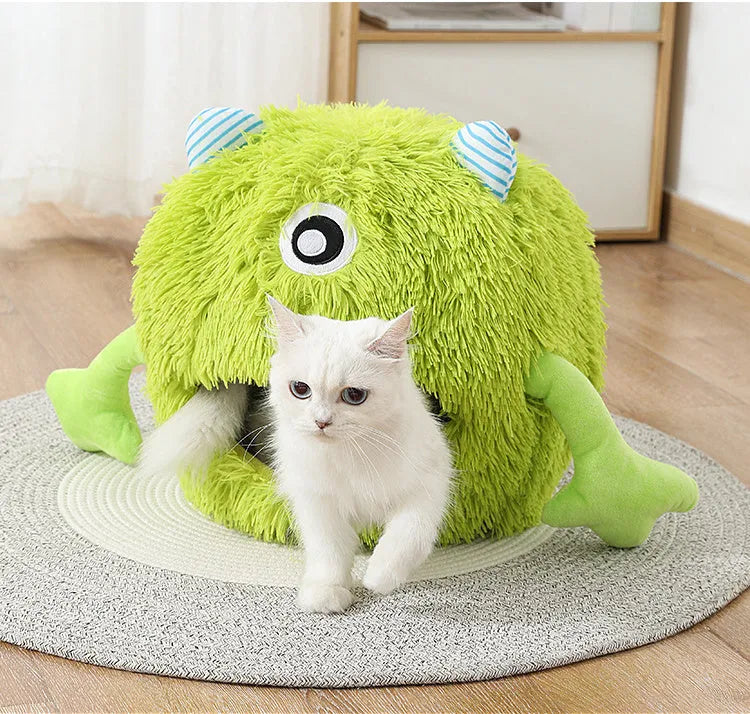 Fluffy round plush cat bed with non-slip base in small, medium, and large sizes.