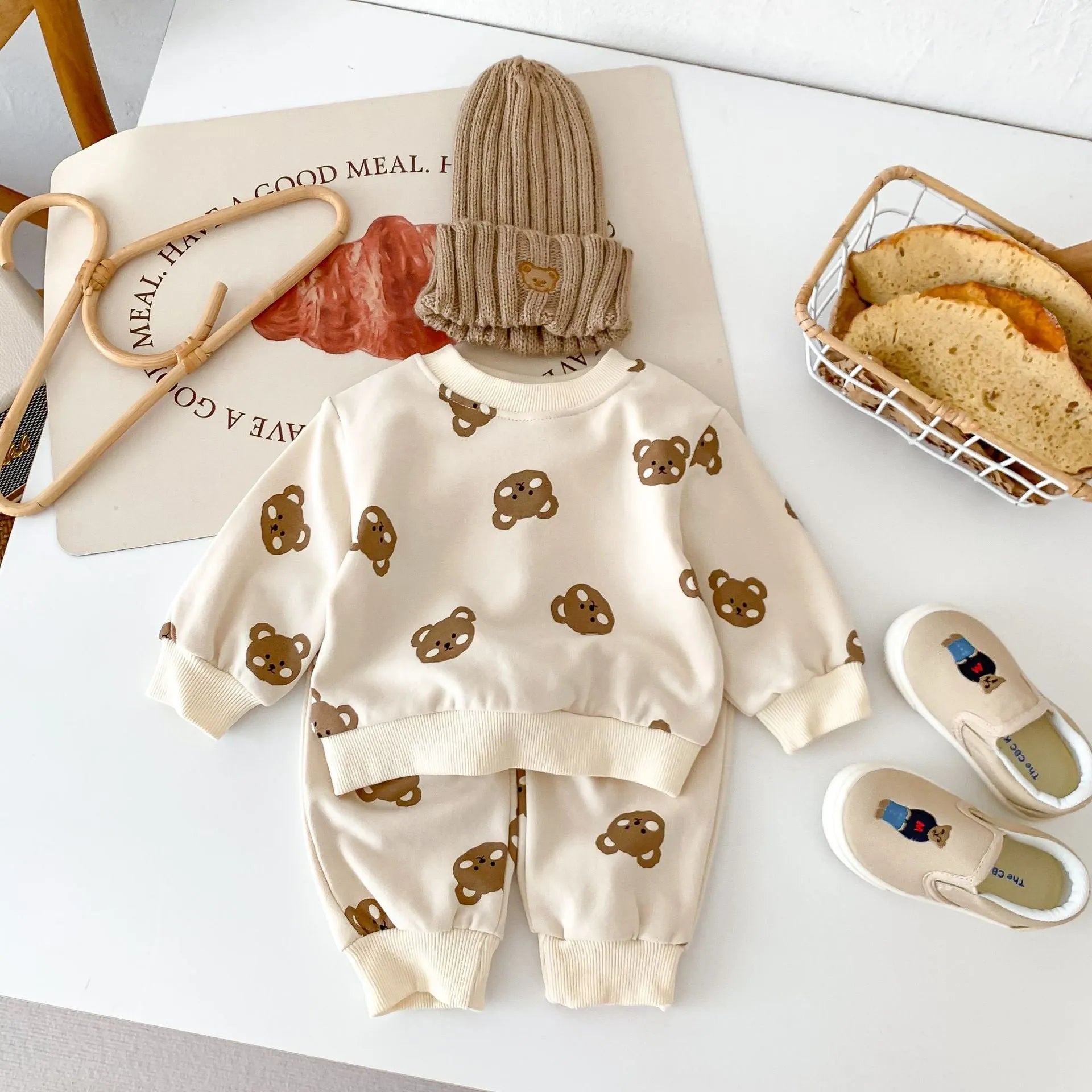 Baby cotton round neck bear cartoon sweater suit in rice apricot with matching trousers