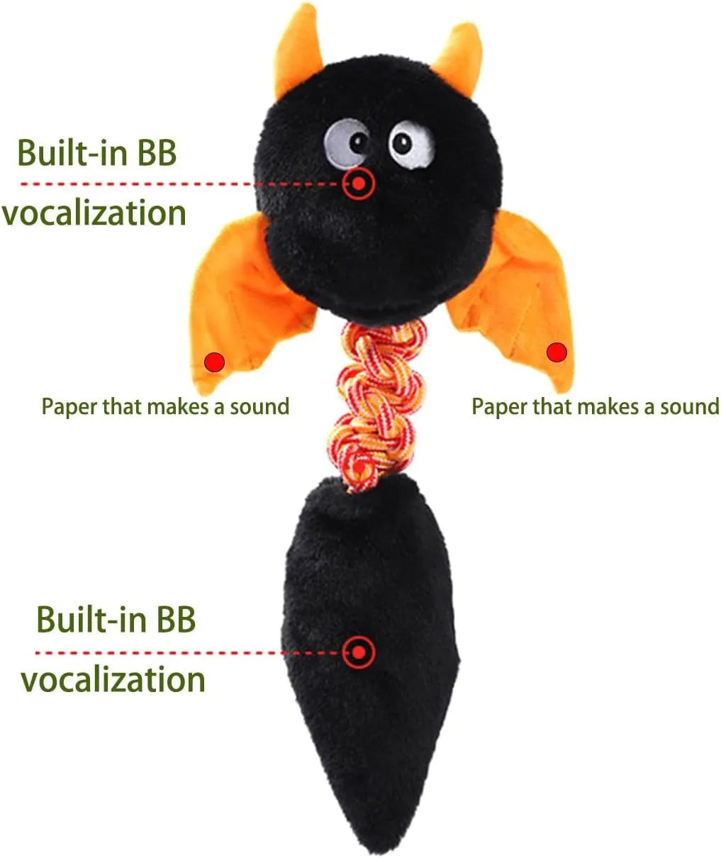 Soft plush dog toy with squeaker, rattle, and rope knot in black, green, or red.