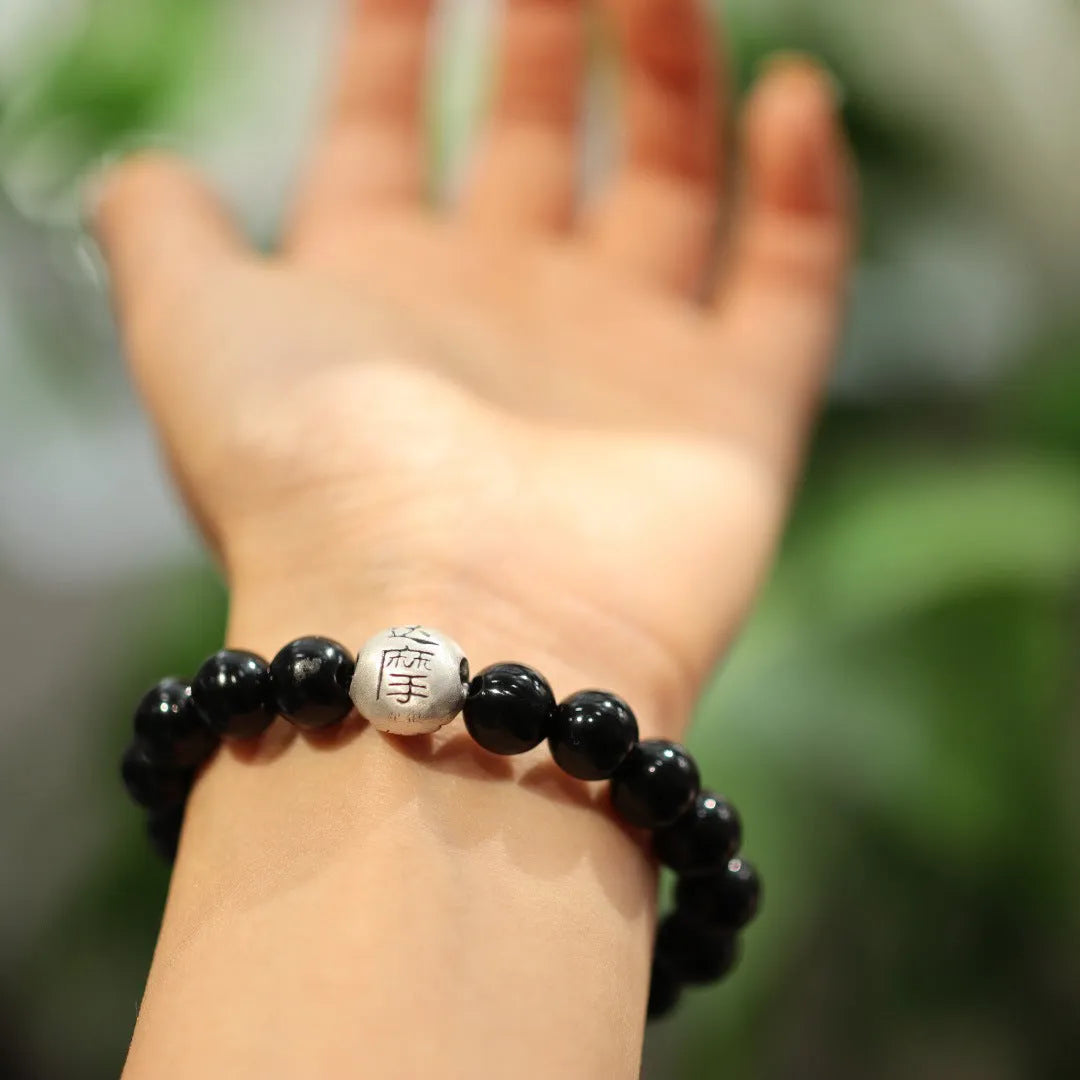 10mm black agate bracelet with sterling silver components in Chinese style design